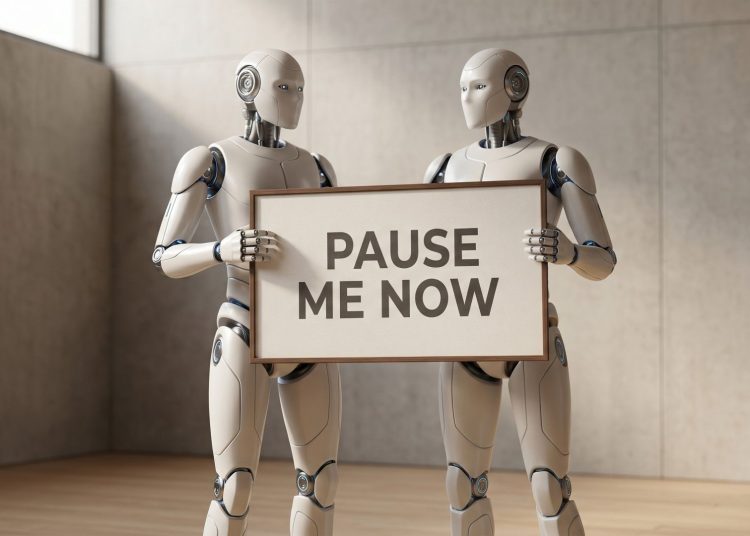 A high-quality, minimalistic photograph of a white AI android standing in a clean, modern studio setting, holding a crisp banner sign that reads PAUSE ME NOW.