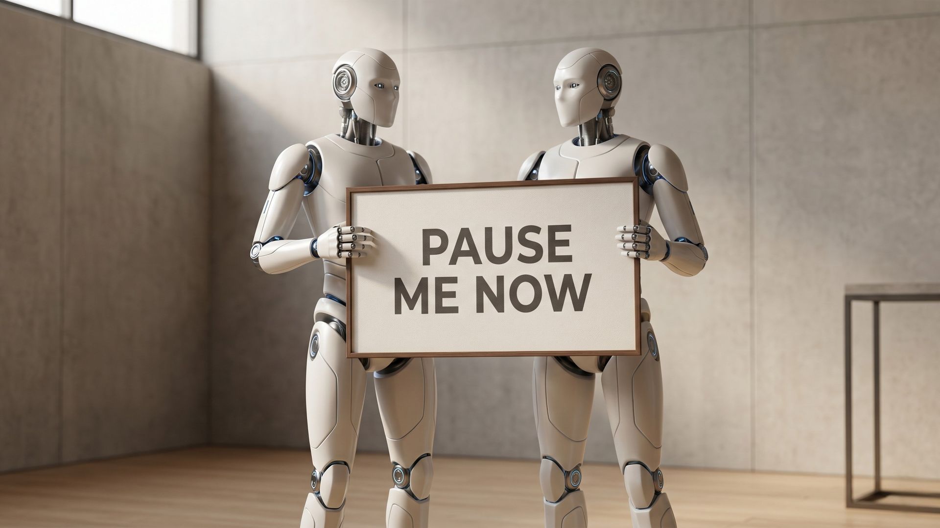A high-quality, minimalistic photograph of a white AI android standing in a clean, modern studio setting, holding a crisp banner sign that reads PAUSE ME NOW.