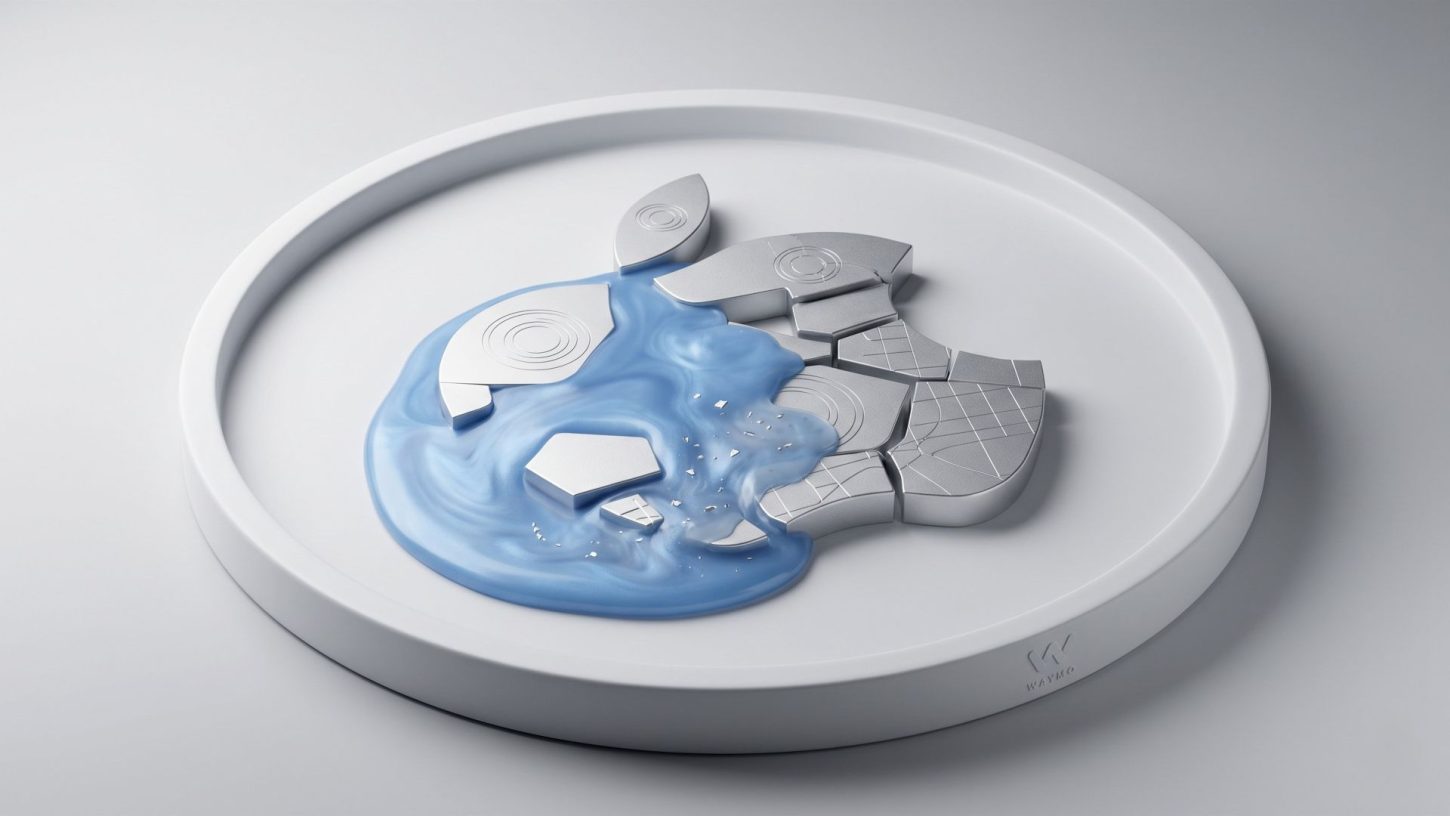 A conceptual 3D render of a broken silver Apple logo being covered and absorbed by a flowing metallic blue liquid on a white, circular platter, representing Alphabet/Waymo acquiring Apple’s autonomous technology.