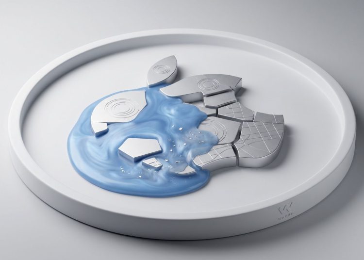 A conceptual 3D render of a broken silver Apple logo being covered and absorbed by a flowing metallic blue liquid on a white, circular platter, representing Alphabet/Waymo acquiring Apple’s autonomous technology.
