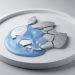 A conceptual 3D render of a broken silver Apple logo being covered and absorbed by a flowing metallic blue liquid on a white, circular platter, representing Alphabet/Waymo acquiring Apple’s autonomous technology.
