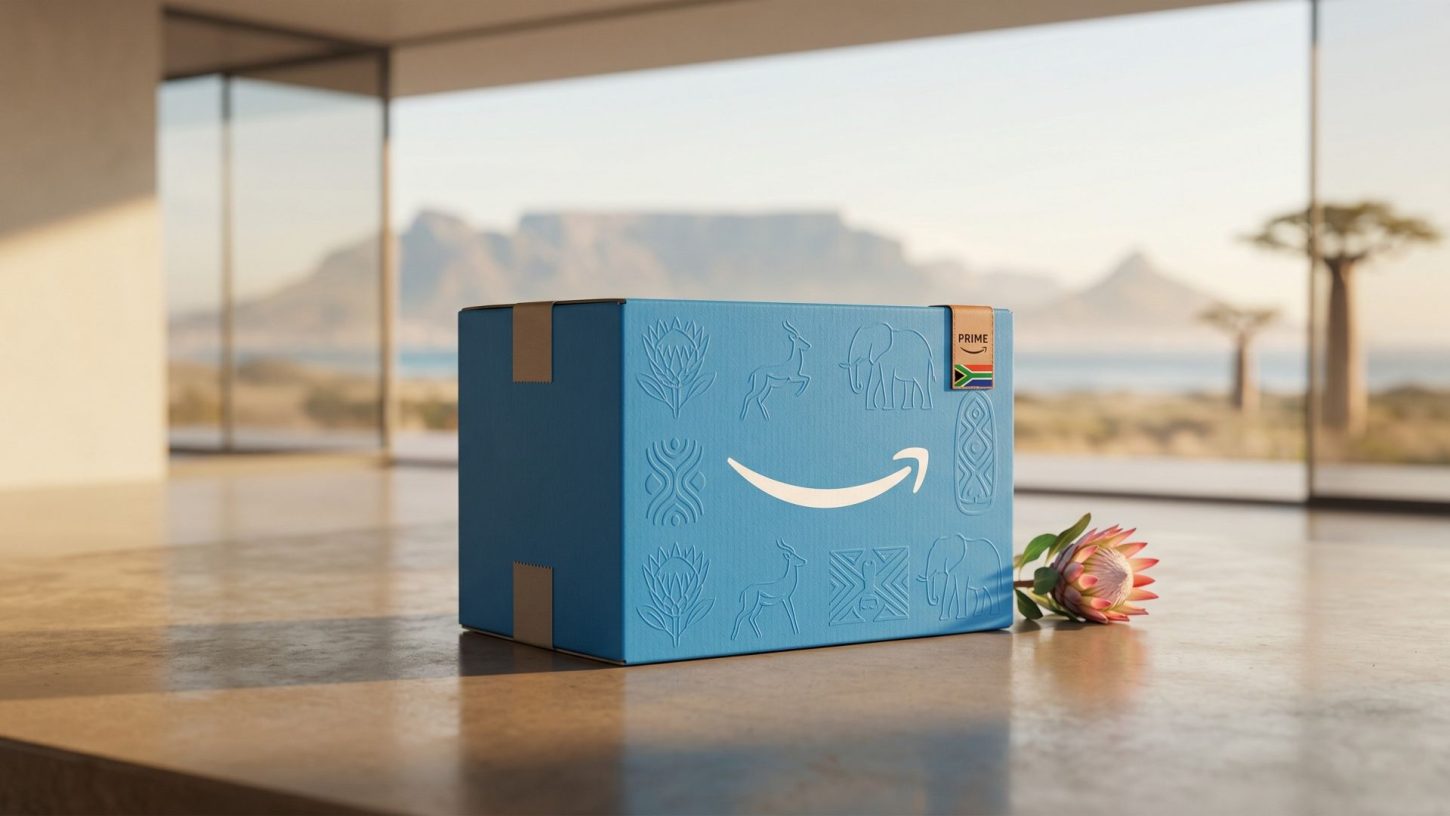 A minimalistic 3D editorial photograph of a blue Amazon Prime delivery box with embossed South African cultural symbols, featuring Table Mountain and a King Protea flower in the background.