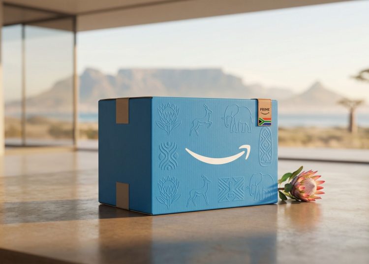 A minimalistic 3D editorial photograph of a blue Amazon Prime delivery box with embossed South African cultural symbols, featuring Table Mountain and a King Protea flower in the background.