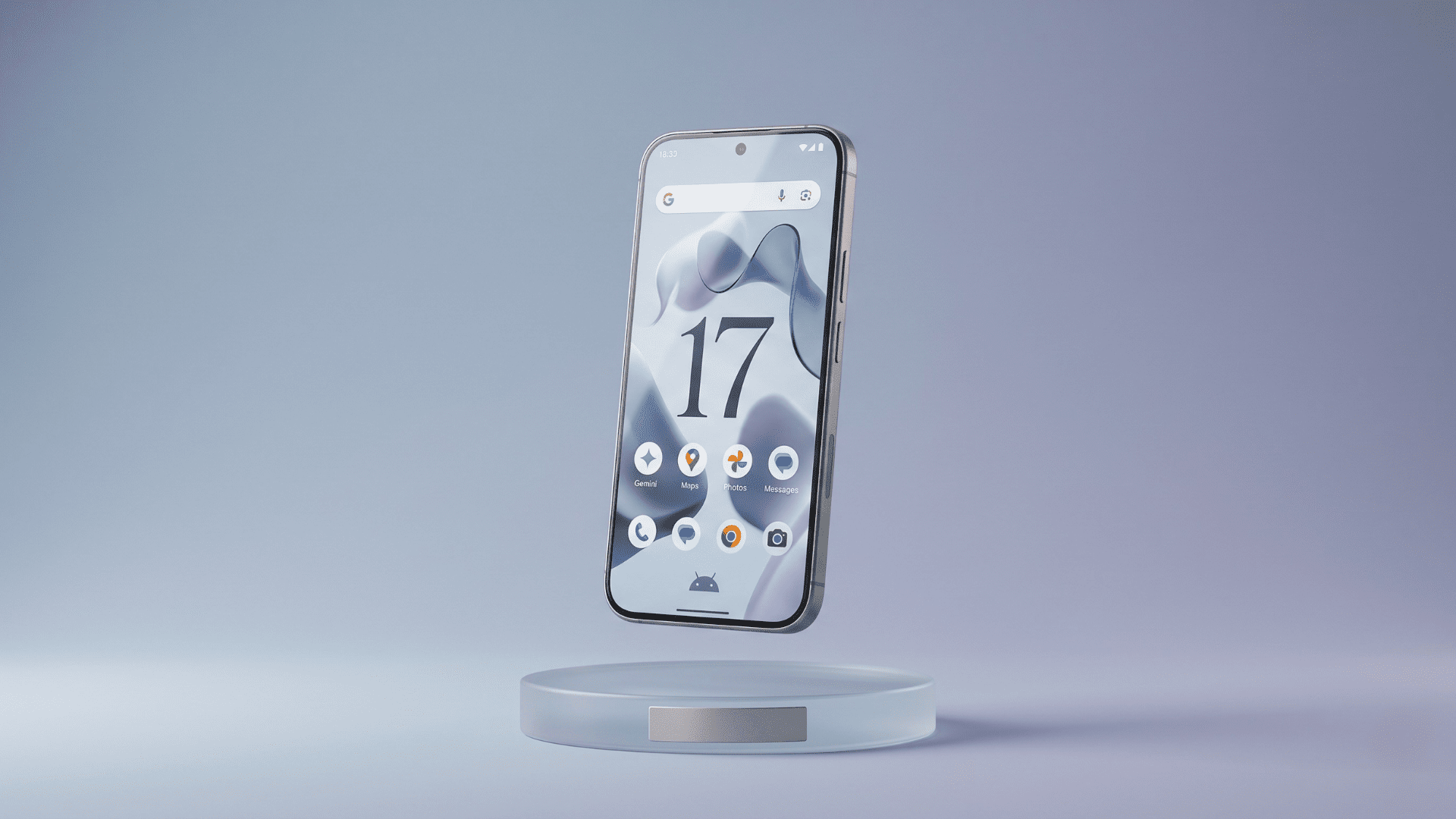 A minimalist 3D render of a flagship smartphone floating above a frosted glass pedestal displaying the Android 17 user interface on a clean, soft blue and purple gradient background.