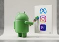 A 3D Android mascot holding a paintbrush, painting the Meta, Instagram, and Adobe Premiere Pro logos on a clean white canvas in a minimalist studio setting.