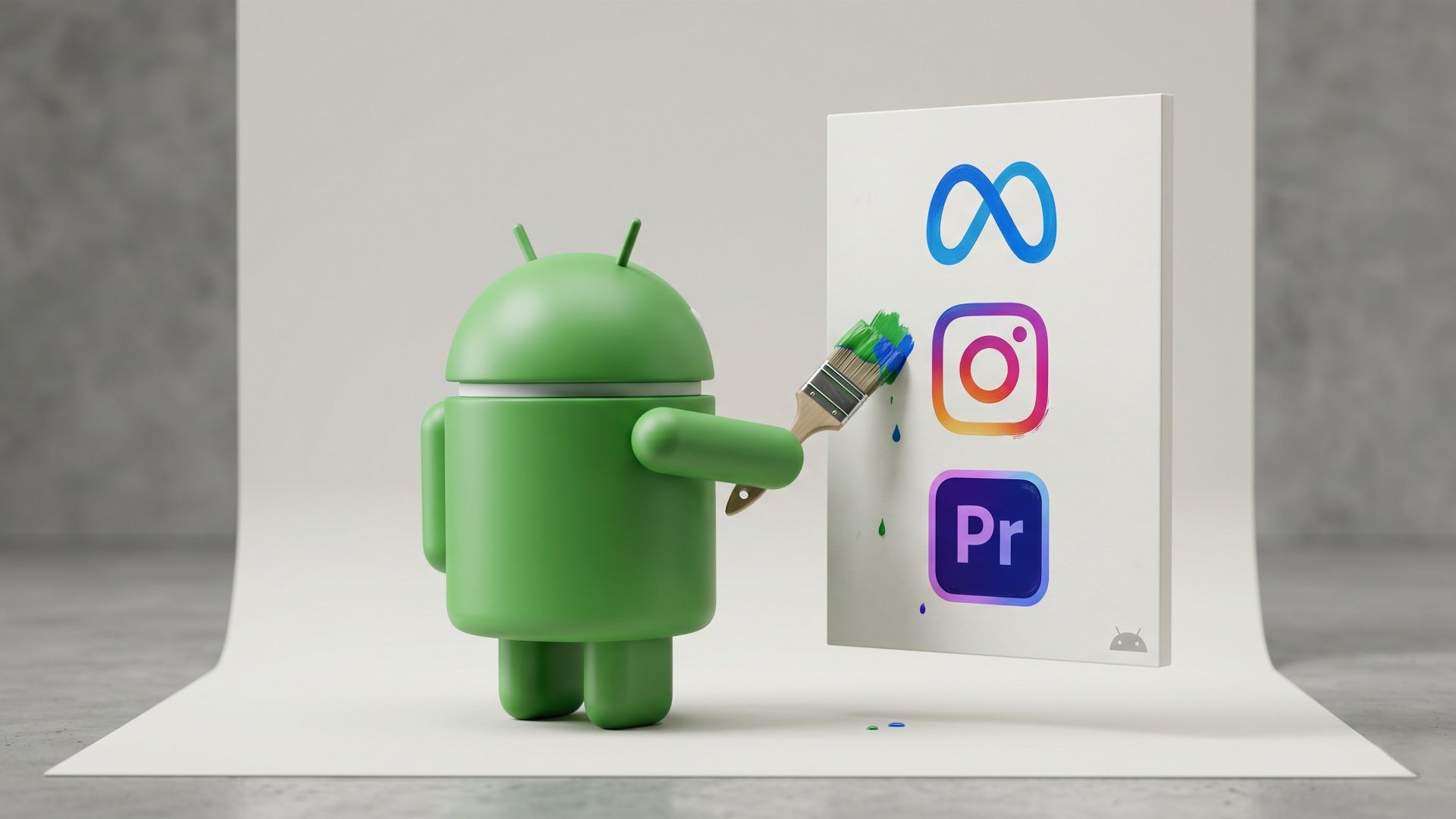A 3D Android mascot holding a paintbrush, painting the Meta, Instagram, and Adobe Premiere Pro logos on a clean white canvas in a minimalist studio setting.