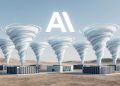 Minimalist 3D render of the Anthropic AI logo floating above a cluster of futuristic data centres with miniature hurricanes swirling from them, set against a clean desert landscape.