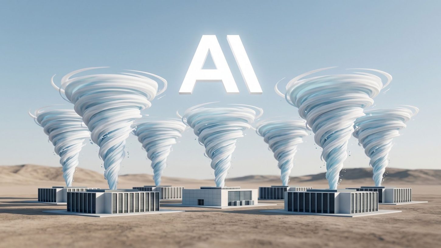 Minimalist 3D render of the Anthropic AI logo floating above a cluster of futuristic data centres with miniature hurricanes swirling from them, set against a clean desert landscape.