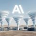 Minimalist 3D render of the Anthropic AI logo floating above a cluster of futuristic data centres with miniature hurricanes swirling from them, set against a clean desert landscape.