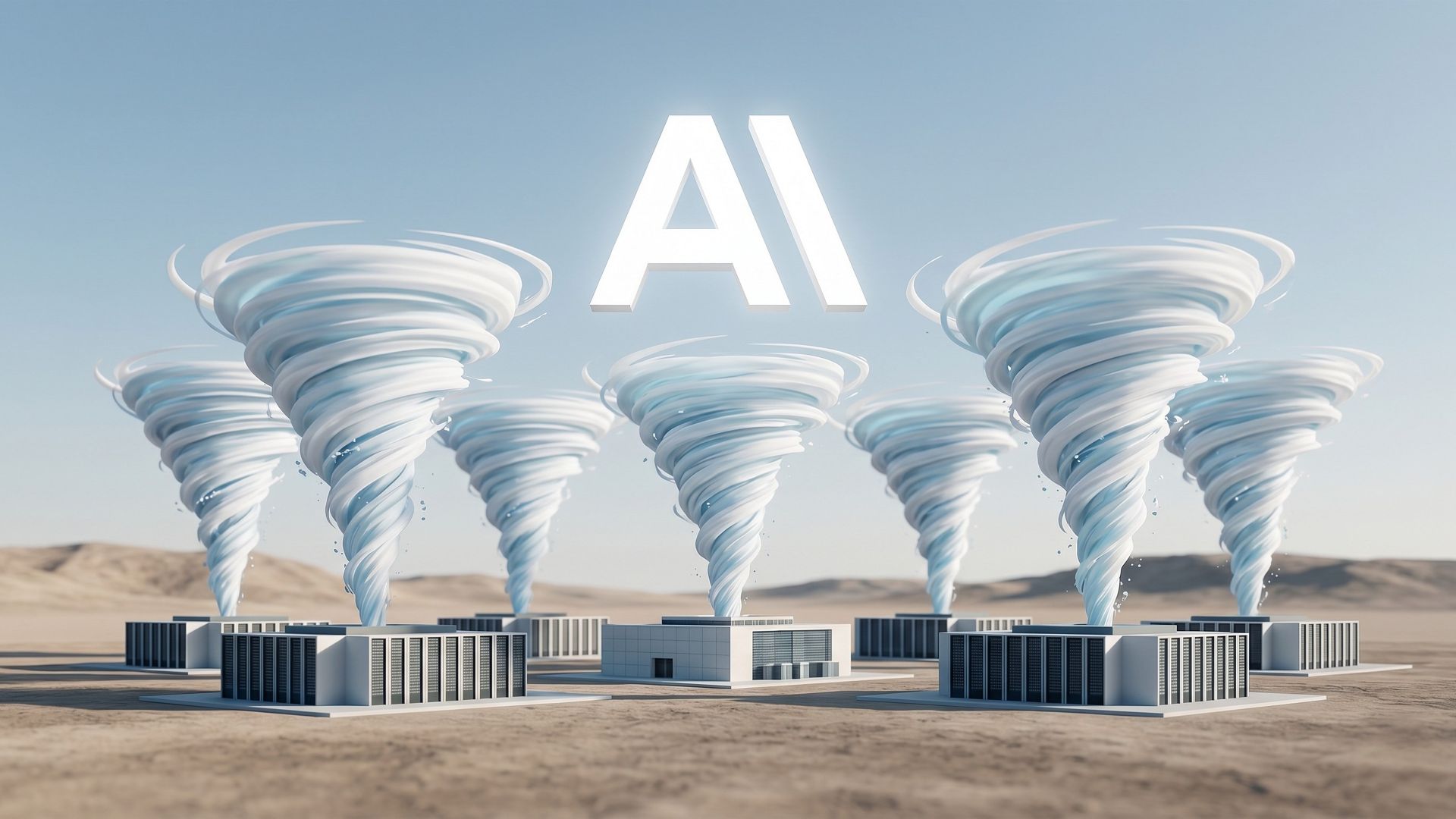 Minimalist 3D render of the Anthropic AI logo floating above a cluster of futuristic data centres with miniature hurricanes swirling from them, set against a clean desert landscape.
