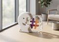 A minimalist 3D editorial sculpture on a wooden desk, merging Anthropic's Claude AI symbol with Slack's hashtag branding, set against a softly blurred, bright office background.