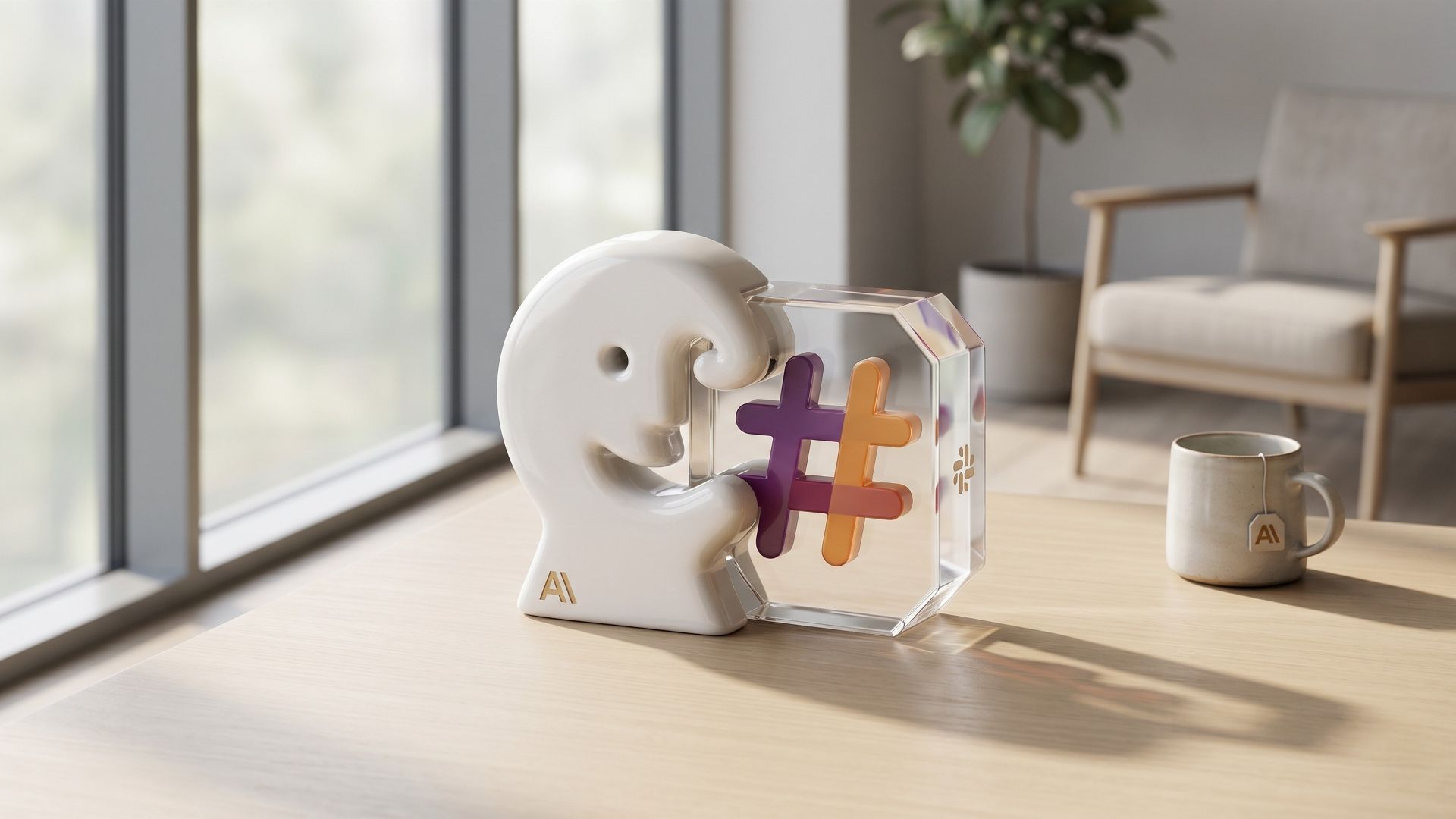 A minimalist 3D editorial sculpture on a wooden desk, merging Anthropic's Claude AI symbol with Slack's hashtag branding, set against a softly blurred, bright office background.