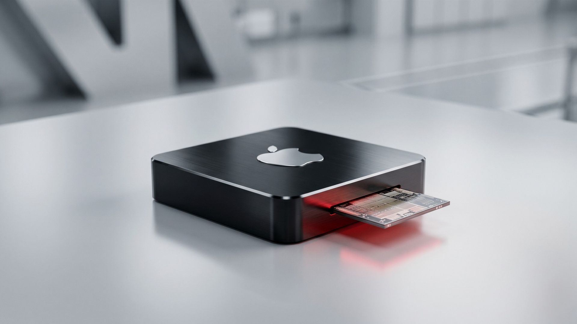 A minimalistic, 3D photograph of a sleek, dark-brushed metal Apple hardware component centered on a clean silver surface, with a single microchip protruding from a slot illuminated by a subtle red warning light.