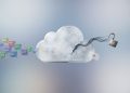 A minimal 3D glass cloud symbol with a prominent fracture through the centre, a broken padlock, and a compromised email icon floating away, symbolizing a security vulnerability in Apple's iCloud Hide My Email feature.