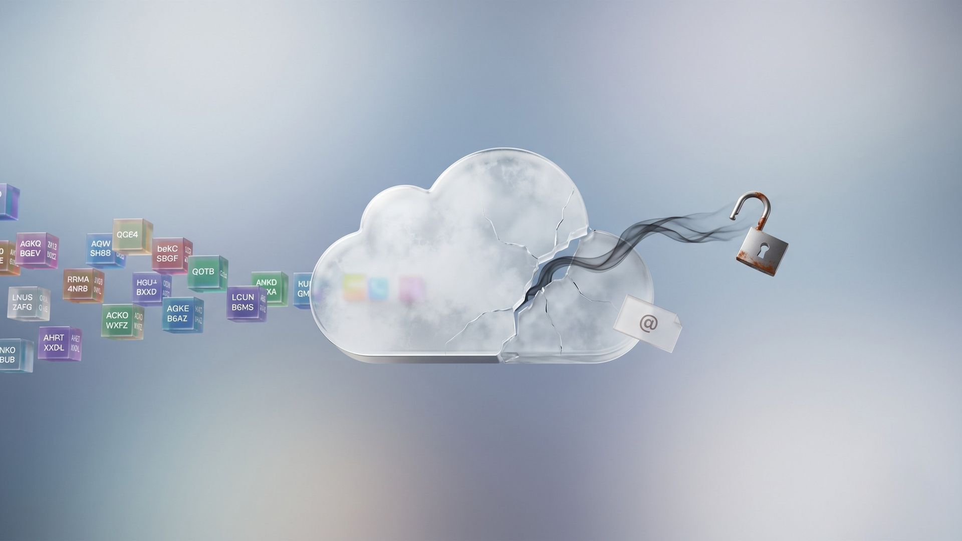 A minimal 3D glass cloud symbol with a prominent fracture through the centre, a broken padlock, and a compromised email icon floating away, symbolizing a security vulnerability in Apple's iCloud Hide My Email feature.