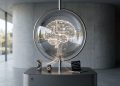A minimalistic 3D editorial photograph illustrating Apple's agentic AI pivot, featuring a glowing digital brain in a glass sphere connected to an iPhone, Apple Watch, and MacBook on a sleek metallic pedestal with the Apple logo.
