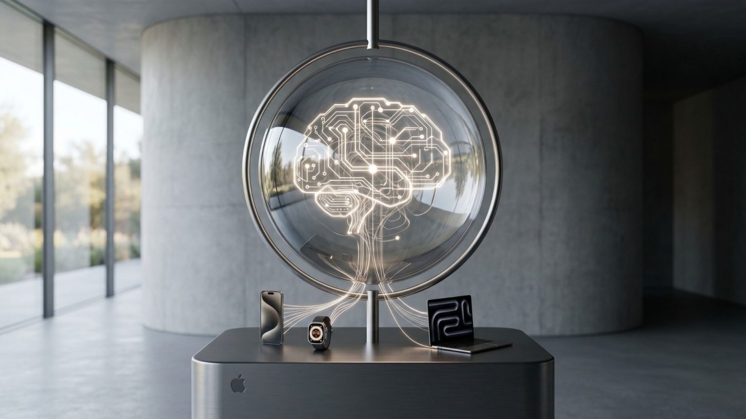 A minimalistic 3D editorial photograph illustrating Apple's agentic AI pivot, featuring a glowing digital brain in a glass sphere connected to an iPhone, Apple Watch, and MacBook on a sleek metallic pedestal with the Apple logo.