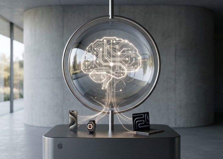 A minimalistic 3D editorial photograph illustrating Apple's agentic AI pivot, featuring a glowing digital brain in a glass sphere connected to an iPhone, Apple Watch, and MacBook on a sleek metallic pedestal with the Apple logo.