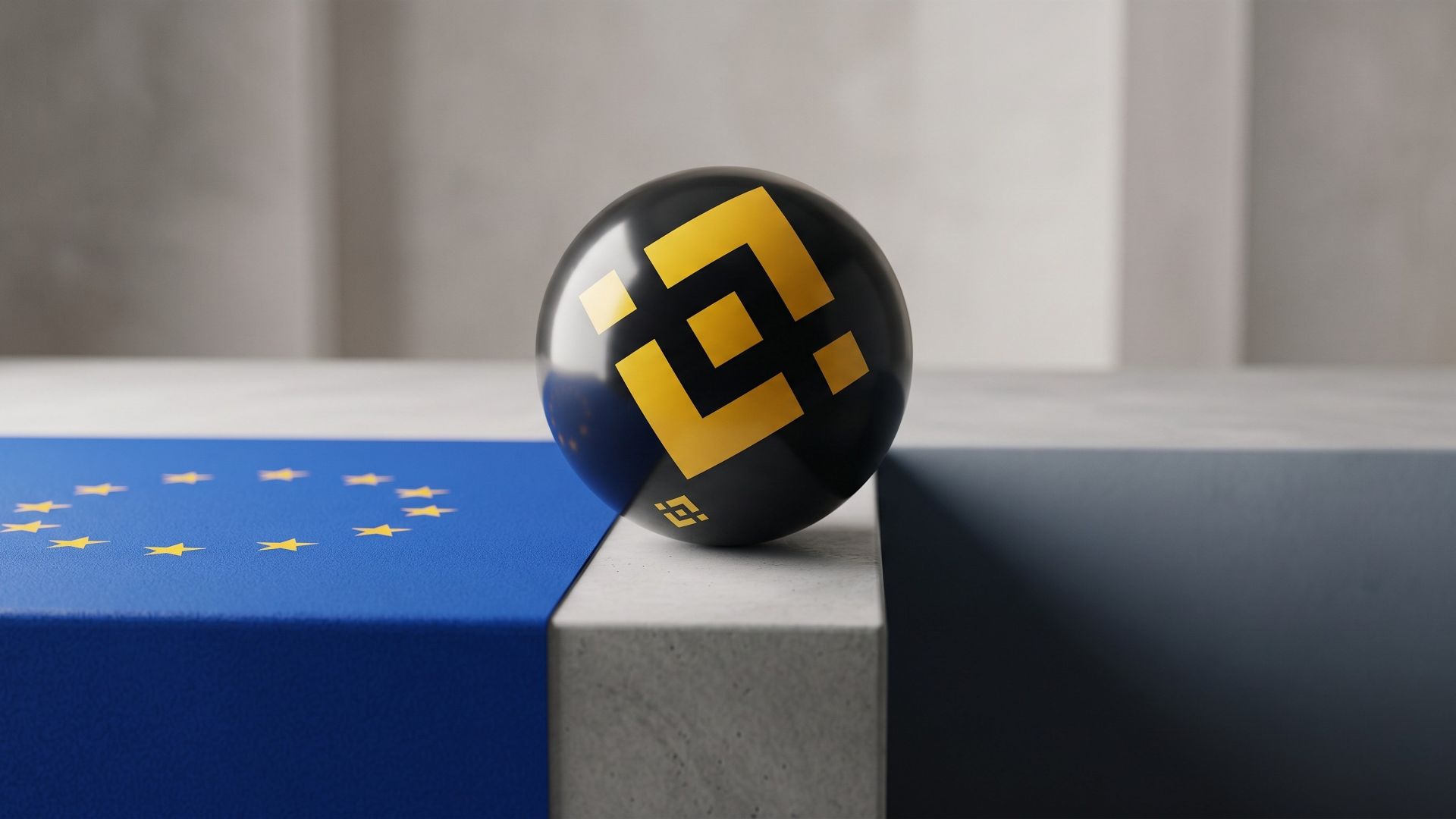 A minimalistic editorial 3D rendering of a black sphere with the yellow Binance logo balancing on the edge of a concrete ledge next to the European Union flag.