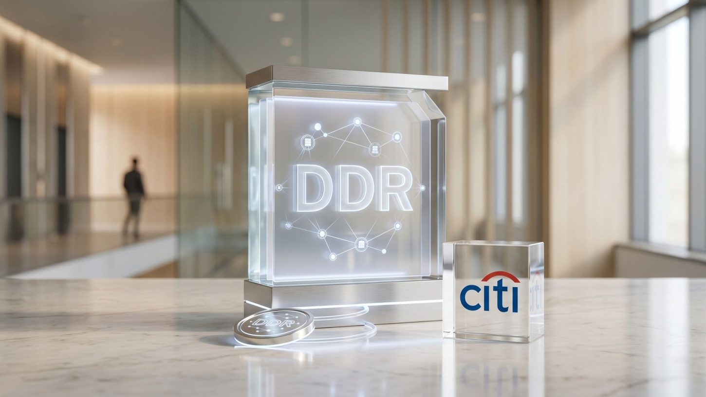 A minimalistic 3D glass and metallic display unit showing a digital DDR node network next to an institutional Citi logo block on a marble desk, representing digital depositary receipts.