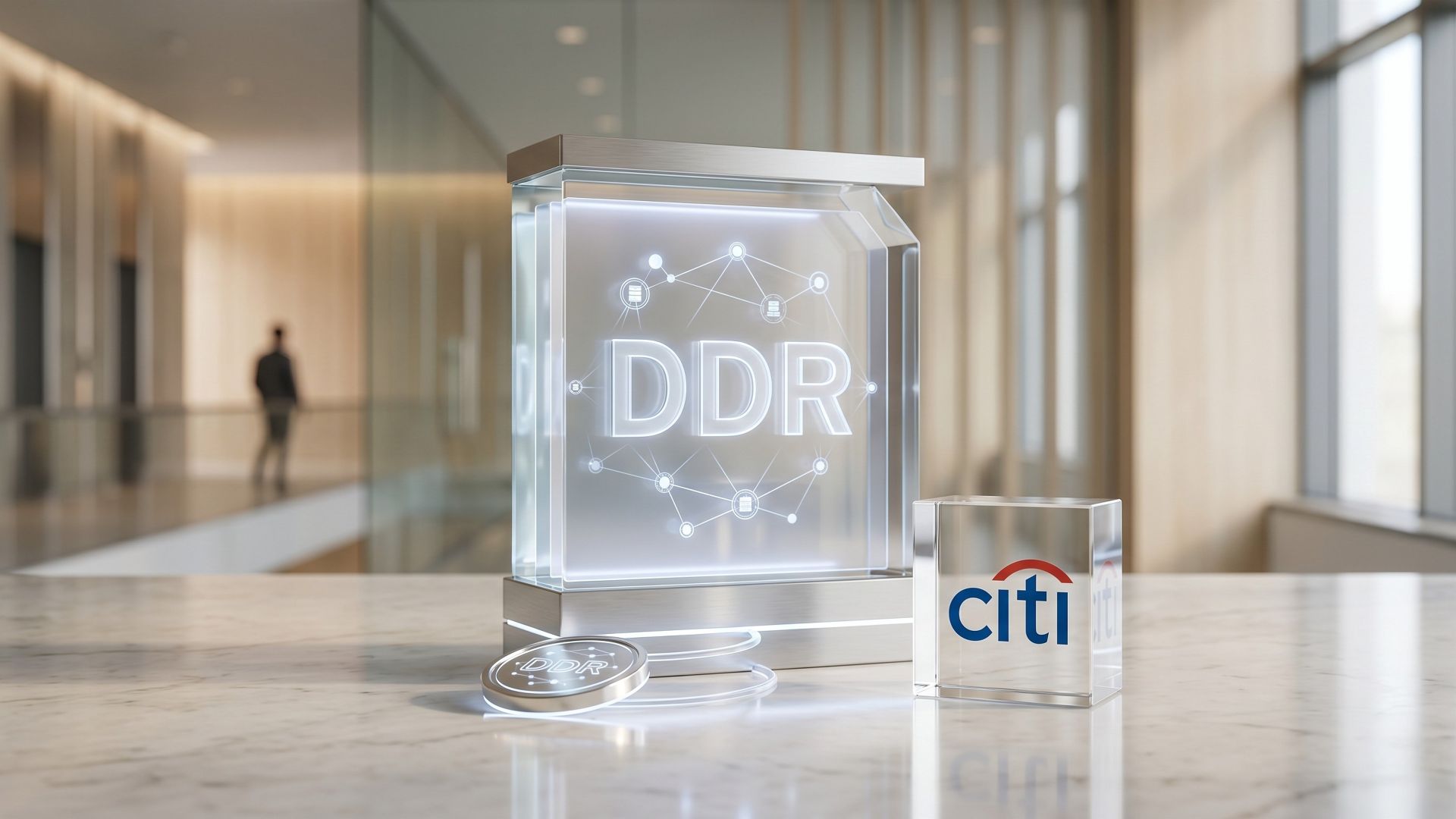 A minimalistic 3D glass and metallic display unit showing a digital DDR node network next to an institutional Citi logo block on a marble desk, representing digital depositary receipts.