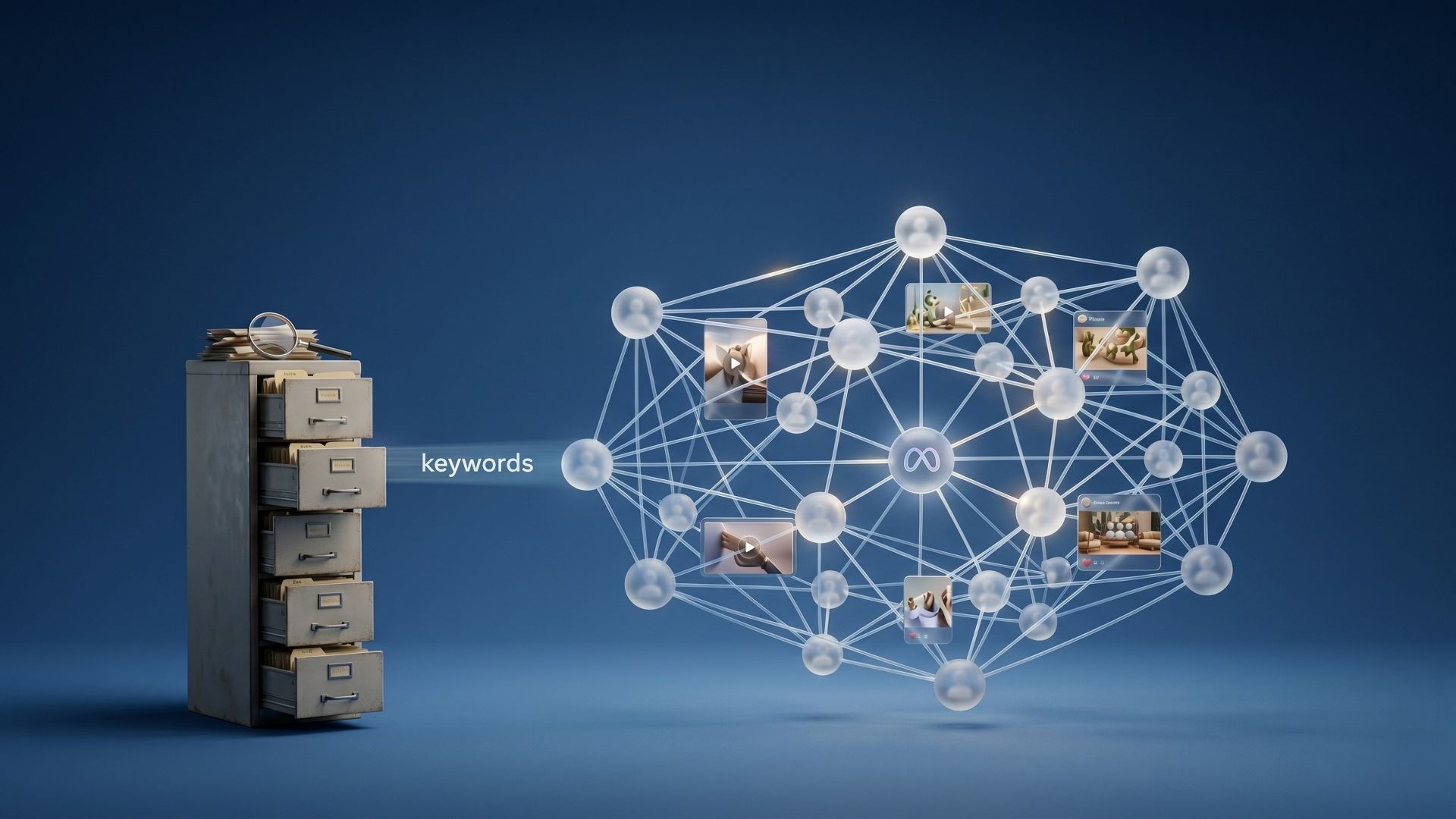 A minimalistic 3D photograph showing an old filing cabinet representing traditional index search, connected via the word keywords to a modern, glowing social graph network mesh with floating media previews and a subtle Meta logo.