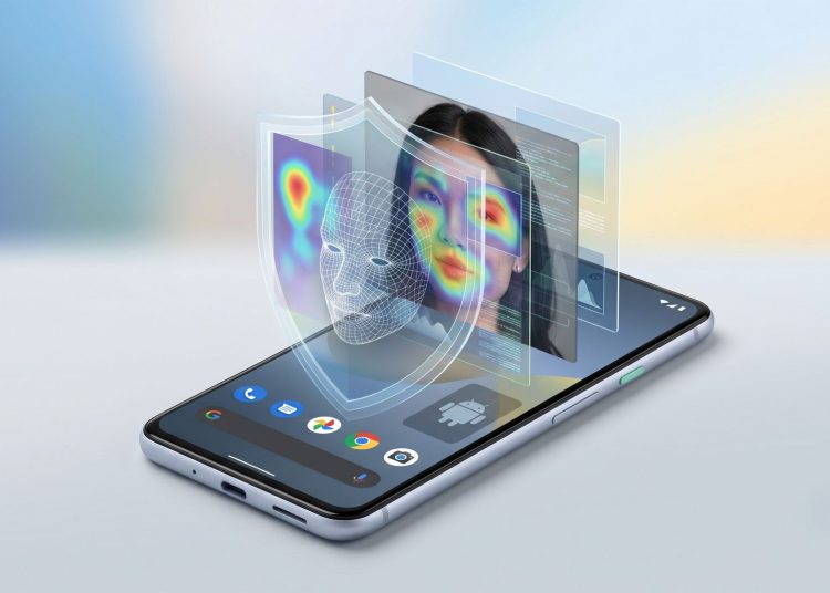 A 3D-style editorial illustration of an Android smartphone on a minimalist background. Holographic layers rise from the screen, showing an analytical wireframe, a facial recognition heatmap overlaying a person's face, and a digital security shield, symbolising Google's real-time deepfake detection technology.