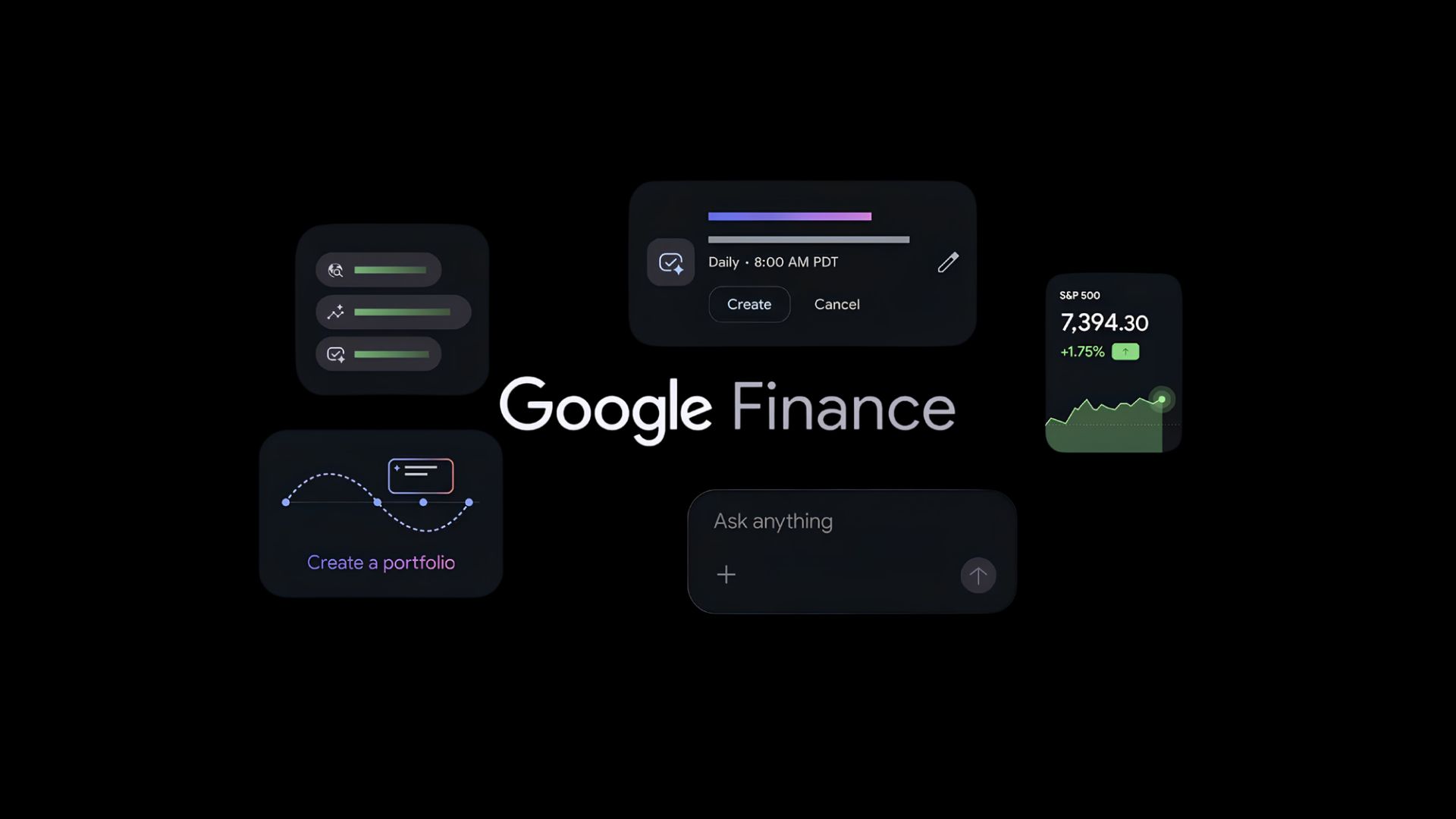 The Google Finance logo, surrounded by elements of the user interface