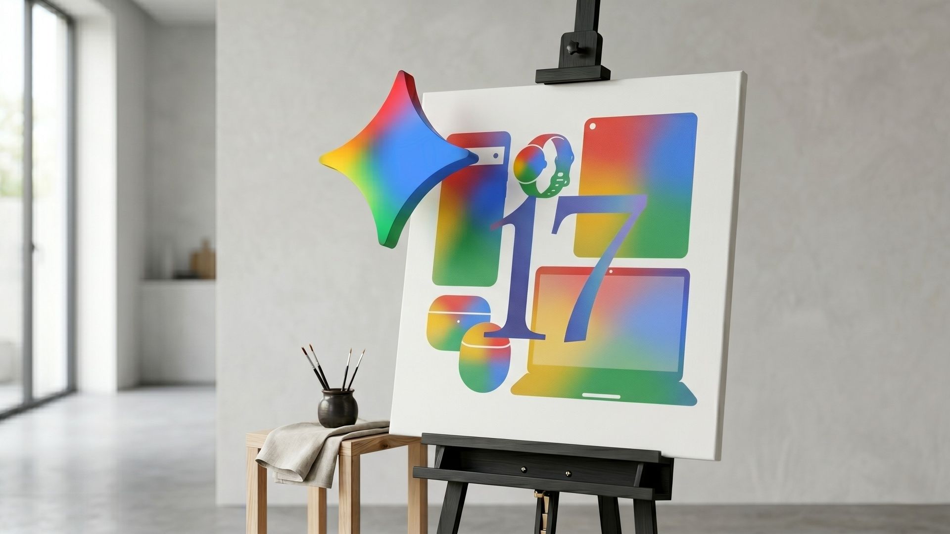 A minimalistic 3D render of the Google Gemini star logo floating next to a white canvas on an easel, featuring silhouettes of a Pixel phone, watch, and Chromebook in Gemini gradient colours alongside the number 17.