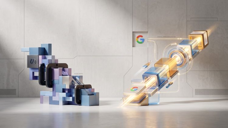 A conceptual 3D illustration contrasting Meta's blocked AI projects with a glowing, accelerating pipeline representing Google's prioritized internal models, set against a concrete architectural background with subtle Google and Meta branding.