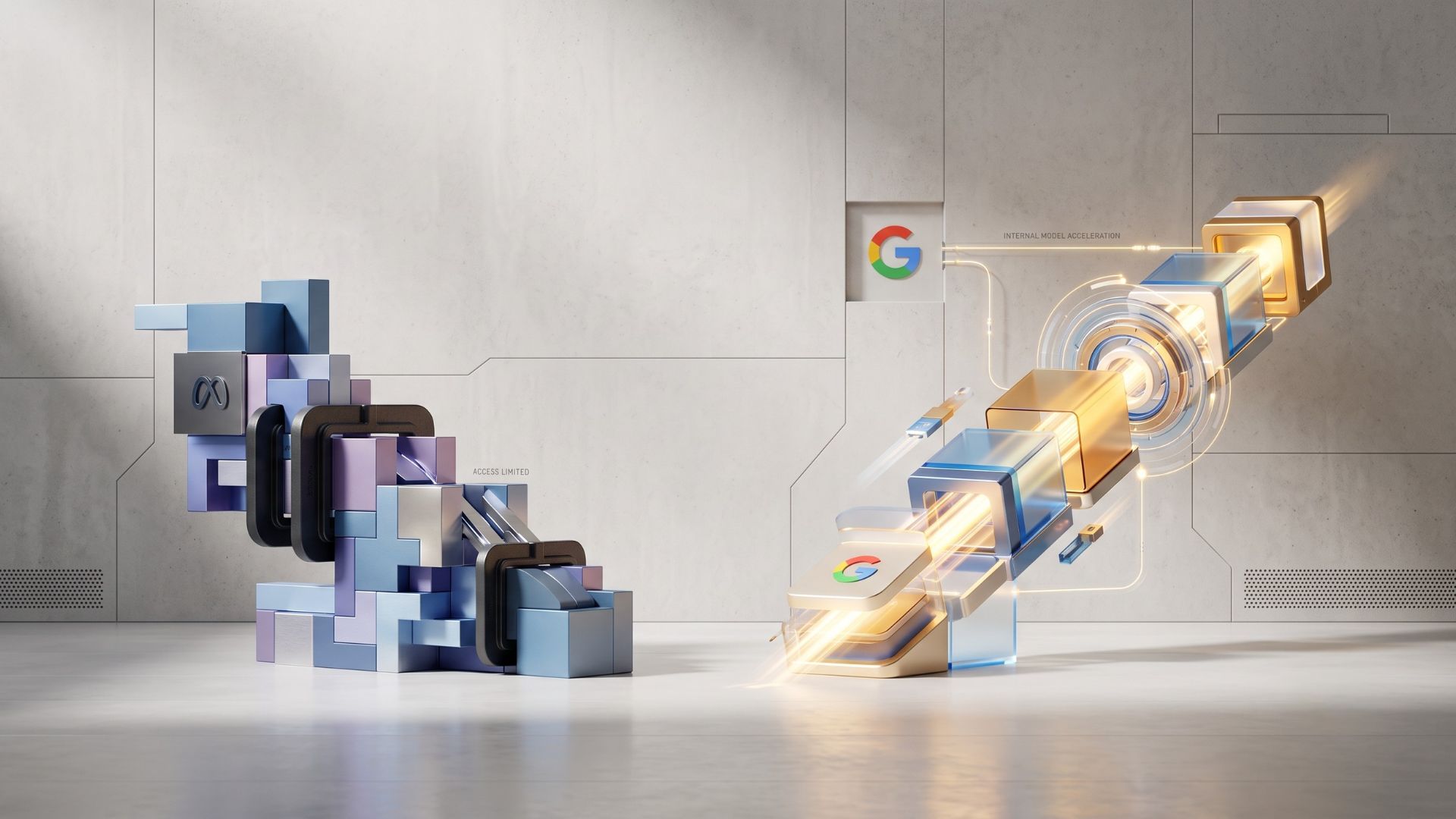 A conceptual 3D illustration contrasting Meta's blocked AI projects with a glowing, accelerating pipeline representing Google's prioritized internal models, set against a concrete architectural background with subtle Google and Meta branding.