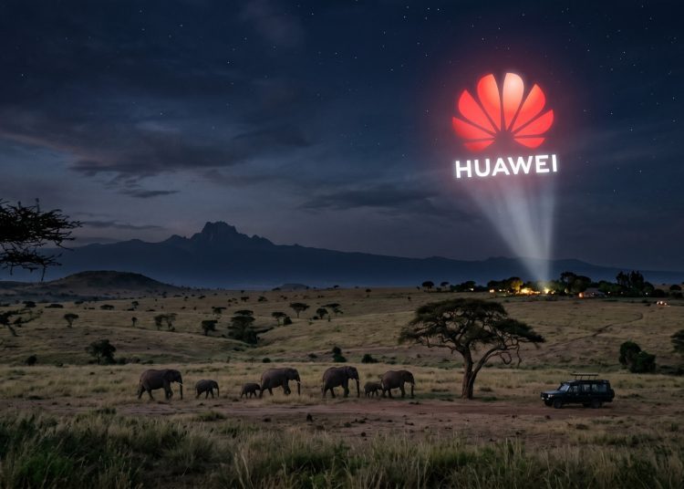 A minimalistic, photograph-like view of a sub-Saharan Kenyan savannah at dusk, with a small herd of elephants and a bold, red Huawei logo projected like a Batman signal into the starry night sky.