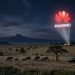 A minimalistic, photograph-like view of a sub-Saharan Kenyan savannah at dusk, with a small herd of elephants and a bold, red Huawei logo projected like a Batman signal into the starry night sky.