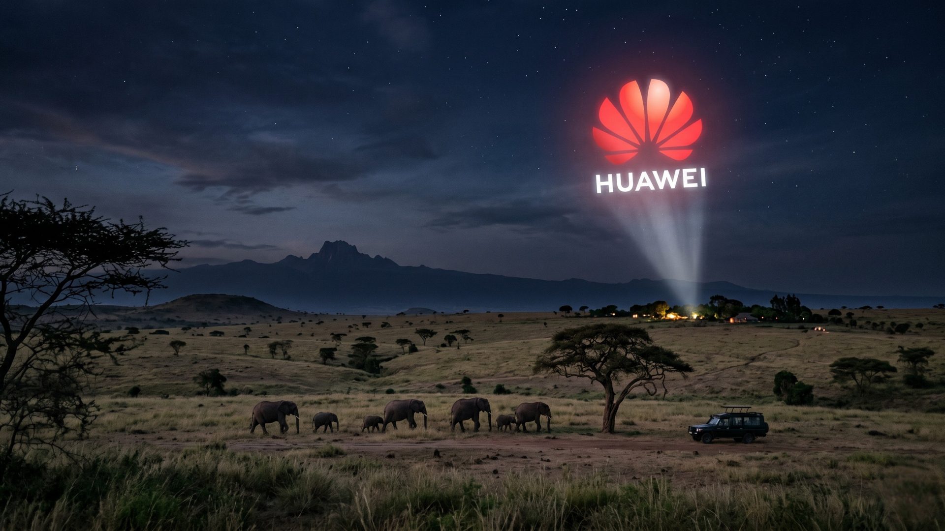 A minimalistic, photograph-like view of a sub-Saharan Kenyan savannah at dusk, with a small herd of elephants and a bold, red Huawei logo projected like a Batman signal into the starry night sky.