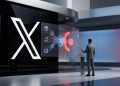 A minimalistic 3D editorial graphic showing a high-tech security interface blocking pirated media content, featuring a prominent X logo and a security operator.