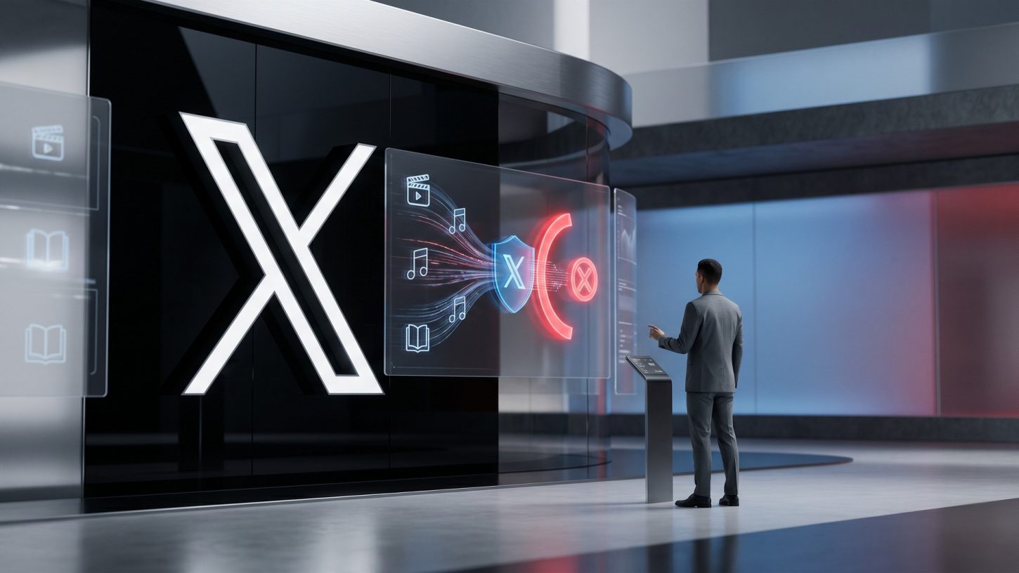 A minimalistic 3D editorial graphic showing a high-tech security interface blocking pirated media content, featuring a prominent X logo and a security operator.