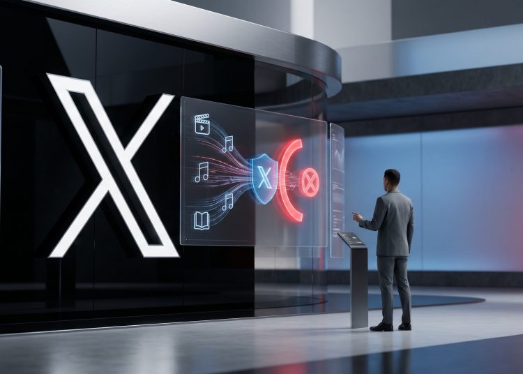 A minimalistic 3D editorial graphic showing a high-tech security interface blocking pirated media content, featuring a prominent X logo and a security operator.