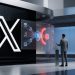 A minimalistic 3D editorial graphic showing a high-tech security interface blocking pirated media content, featuring a prominent X logo and a security operator.