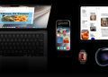 An arrangement of Apple devices including a MacBook, iPhone, iPad, Apple Watch, and Apple Vision Pro, showcasing the interconnected iOS 17 and macOS ecosystem on a dark background.
