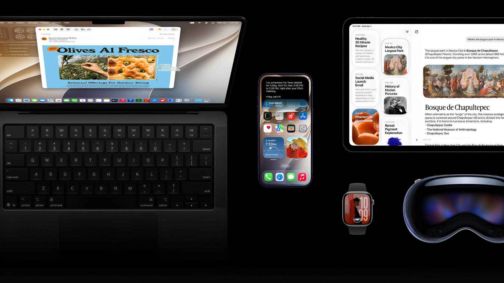 An arrangement of Apple devices including a MacBook, iPhone, iPad, Apple Watch, and Apple Vision Pro, showcasing the interconnected iOS 17 and macOS ecosystem on a dark background.