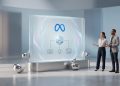 A minimal 3D studio setting featuring Meta's official logo on a transparent glass screen displaying AI creator icons, shielding against metallic bot-like spheres.