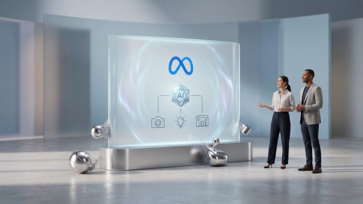 A minimal 3D studio setting featuring Meta's official logo on a transparent glass screen displaying AI creator icons, shielding against metallic bot-like spheres.