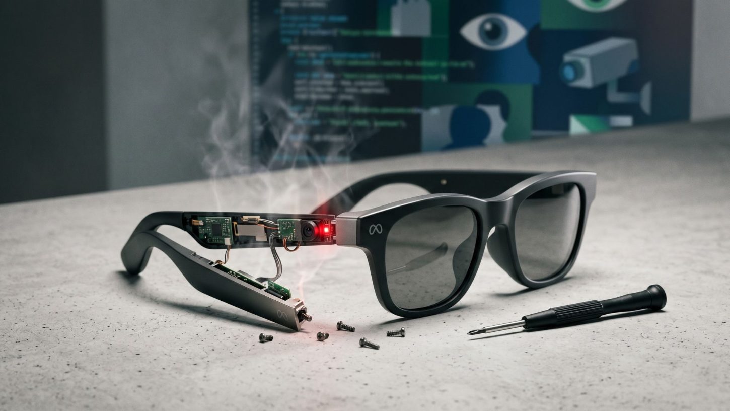 A disassembled pair of Meta smart glasses on a concrete surface, exposing internal circuits, a glowing red recording light, and rising smoke next to a precision screwdriver, symbolising a surveillance code investigation.
