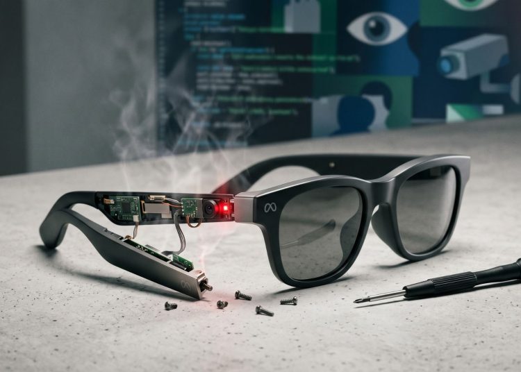 A disassembled pair of Meta smart glasses on a concrete surface, exposing internal circuits, a glowing red recording light, and rising smoke next to a precision screwdriver, symbolising a surveillance code investigation.