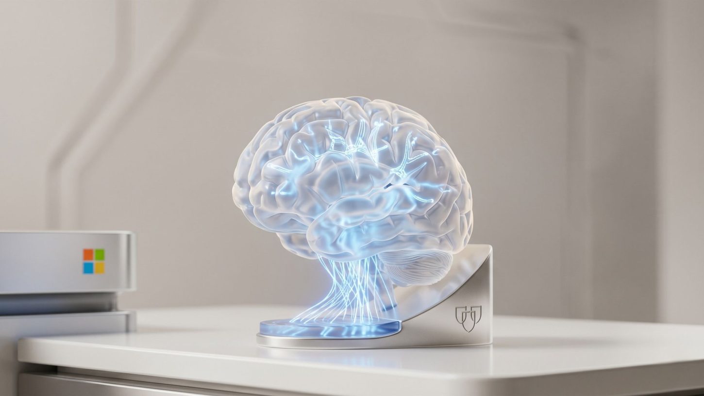 A high-quality 3D render of a glowing glass brain structure on a sleek metallic base, symbolising the Microsoft and Mayo Clinic medical AI partnership.