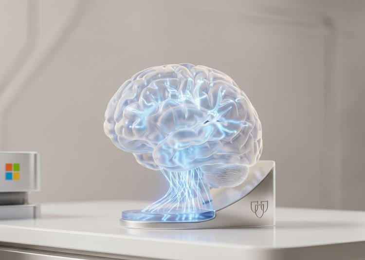 A high-quality 3D render of a glowing glass brain structure on a sleek metallic base, symbolising the Microsoft and Mayo Clinic medical AI partnership.