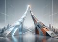 A minimalistic, 3D photographic editorial illustration depicting the high-stakes IPO race between OpenAI and Anthropic, featuring two stylized, geometric structures with corporate logos rising against a clean, neutral background.