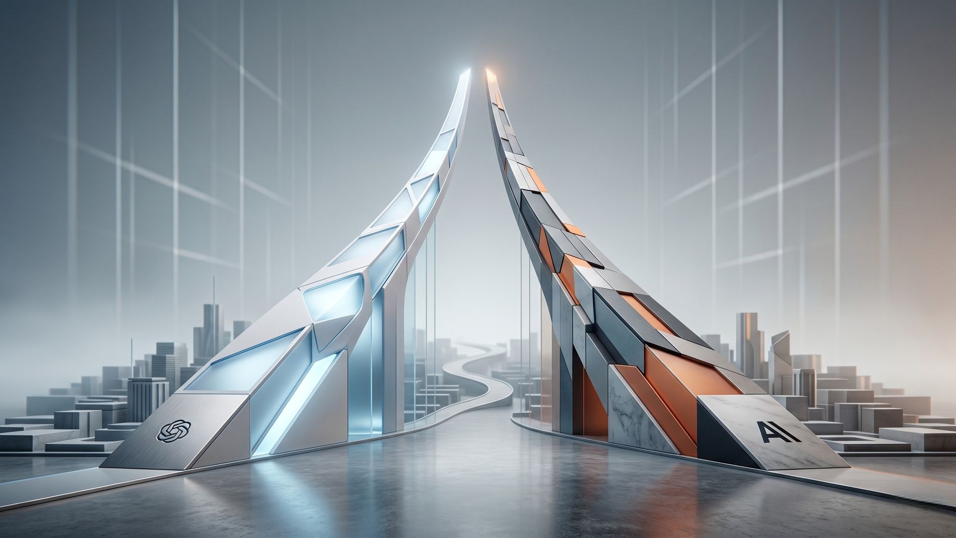 A minimalistic, 3D photographic editorial illustration depicting the high-stakes IPO race between OpenAI and Anthropic, featuring two stylized, geometric structures with corporate logos rising against a clean, neutral background.