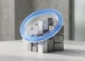 A minimalistic 3D rendering of metallic and glass bar charts enclosed by a glowing blue ring and featuring the OpenAI logo, symbolising budget management and spending controls for ChatGPT Enterprise.