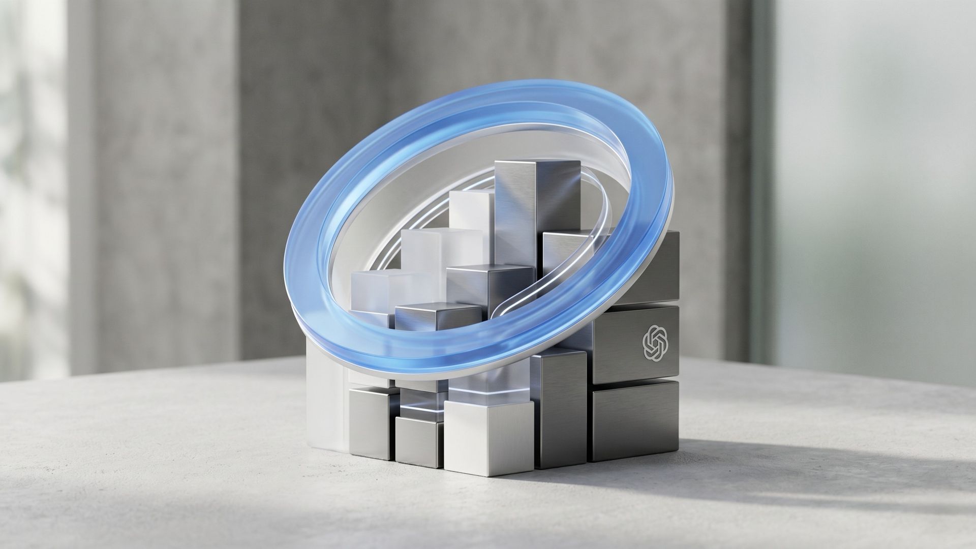 A minimalistic 3D rendering of metallic and glass bar charts enclosed by a glowing blue ring and featuring the OpenAI logo, symbolising budget management and spending controls for ChatGPT Enterprise.